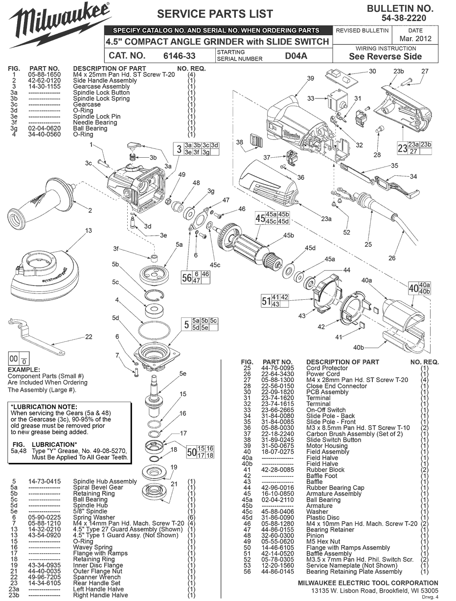 Milwaukee 6146 33 d04a Parts 4.5 Compact Angle Grinder with Slide Switch Milwaukee Grinder Parts Milwaukee Parts Tool Parts